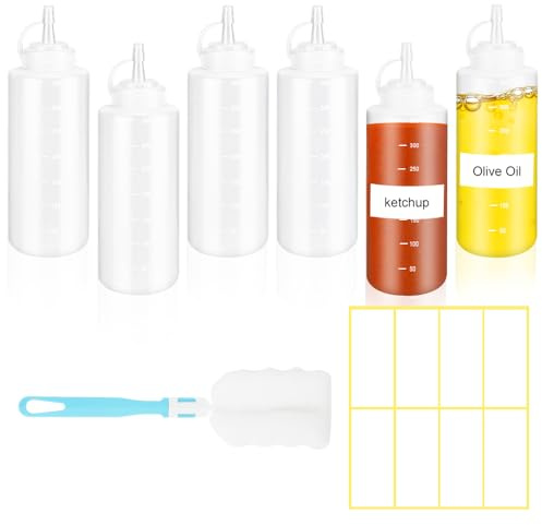 HMIEPRS 6 stycken kryddepresflaskor, 360 ml/12 oz plast klämflaska med lock, sprayflaska oljeflaska dispenser med rengöringsborste och klistermärken för BBQ ketchup senap mayo olivolja målning
