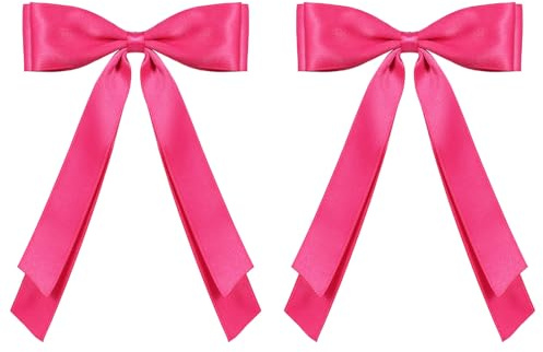 2PCS Silky Satin Hair Bows Hair Clip for Women Girls Hot Pink Solid Satin Polyester Ribbon Ponytail Holder Decor Accessories Hair Barrettes for Teens Ladies,5.5in