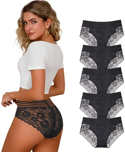 Hialegion Culotte Taille Haute Femme Dentelle Slip Femme sans Couture Invisible Grandes Tailles 5 PCS Noire 2XL