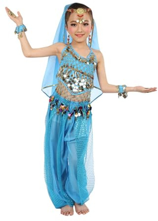 Générique Enfant Fille Costume Danse du Ventre Haut de Danse + Pantalon Danse du Ventre Foulard de Danse Orientale Ensemble Déguisement Danseuse 3-10 Ans