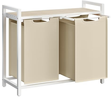 VASAGLE Panier à Linge 2 Compartiments, Corbeille à Linge Sale, 2 Sacs Amovibles en Tissu Oxford, Étagère, Cadre en Métal, 2 x 46 L, 73 x 33 x 72 cm, Beige Cappuccino et Beige Naturel BLH201LH01