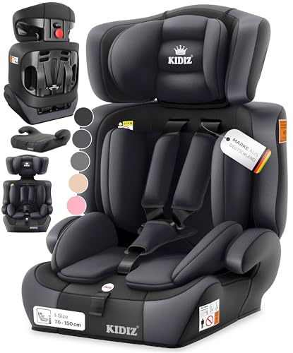 KIDIZ Asiento de coche infantil, grupo 1 + 2 + 3, 9 – 36 kg, sistema de sujeción de 5 puntos, asiento de coche, asiento infantil, reposacabezas ajustable (antracita, asiento para niños)
