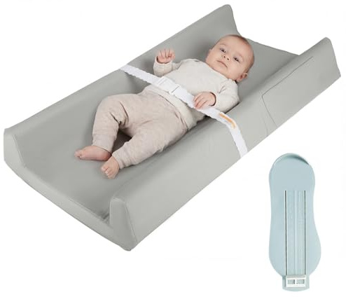Anti-Roll Baby Changing Mat, 80 * 40 CM Nappy Changing Mat with Waterproof and Soft PU Cover, Anti-Slip Wedge Changing Pad with Safety Belt, Easy to Clean & Fits Most Tables
