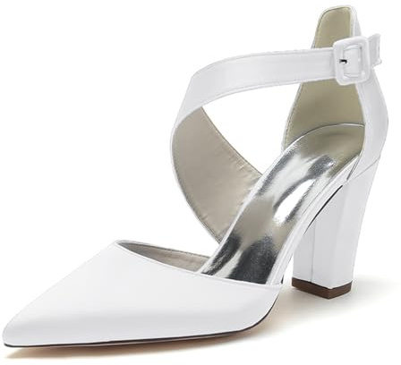 HFWXYSA Donna Décolleté con Tacco Largo Punta A Punta Scarpe da Sposa in Raso Cinturino alla Caviglia Scarpe da Damigella d'Onore,Bianca,36 EU