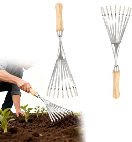 Rastrelli a mano in acciaio inox, rastrello da giardino e rastrello a mano per giardinaggio, mini rastrello da giardino in acciaio da 15 in 9, rastrello a ventaglio per foglie, rastrello per erba e