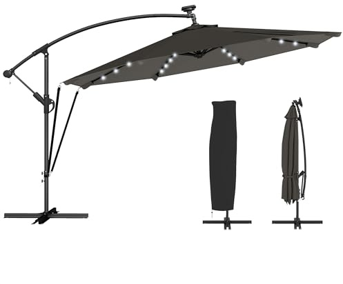 Outsunny Parasol Excéntrico con Luces LED Solares, Ø345 cm, Sombrilla de Jardín de Aluminio con Base Cruzada, Manivela, Funda Protectora, Cuerdas de Viento, UPF50+, para Terraza, Patio, Gris Oscuro