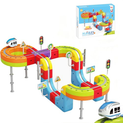 Tren Eléctrico Juguete 70 Piezas, Kit de Vías de Cubos 3D DIY con Trenes Electricos, Creativo Juego de Construcción, Regalo para Niños 3-12 Años