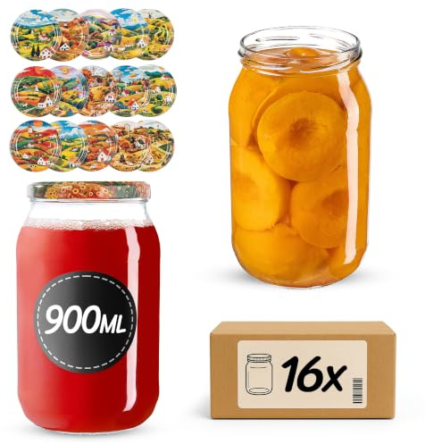 KADAX konserveringsburkar 900 ml TO82, stora fallburkar med skruvlock, konserveringsburkar fermenteringsglas för gurkor, grönsaker, surdeg (landskap, 16 stycken)