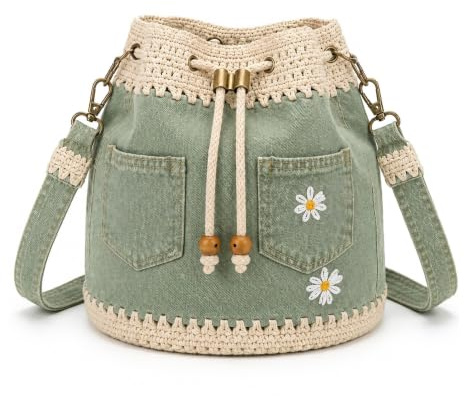 Bolso Bombonera De Denim Crochet, Bandolera Boho Con Cordón Y Margaritas