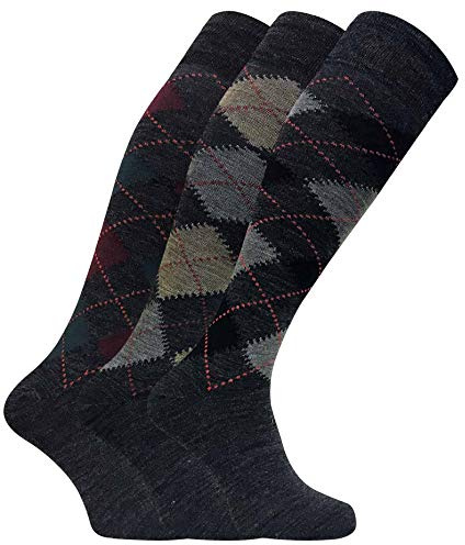 SOCK SNOB - 3 pares de calcetines de vestir de lana de cordero para hombre extra largos hasta la rodilla, Gris, 6-11 UK
