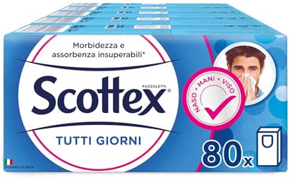 Scottex Tutti i Giorni, Fazzoletti di carta, Prodotto in Italia, Con Carta certificata FSC, 80 Pz (10x8)