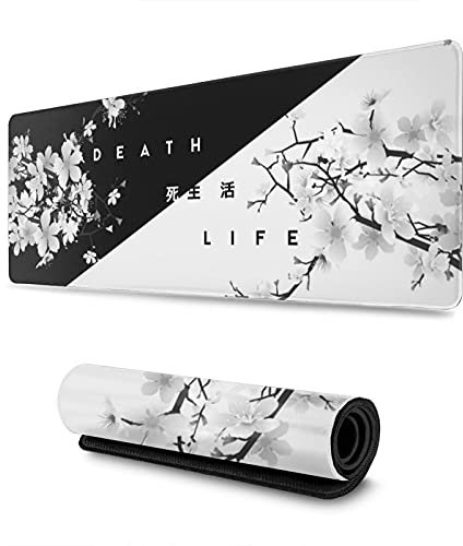 Black and White Japanese Cherry Tree Blosson Gaming Mouse Pad XL, Extended Large Mat Desk Pad, Stitched Edge, Long Non-Slip Rubber Base Mouse Pad 31.5 X 11.8 Inch