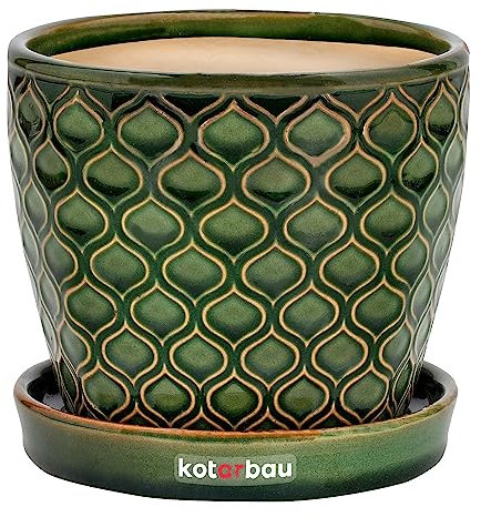 KOTARBAU® Maceta de cerámica esmaltada, Ø 12cm, Tiesto Decorativo para Plantas, Macetero con Plato Redondo para Interiores, Minimalista, Verde, Vintage, Macetas Elegantes, Estilo clásico, Maceteros