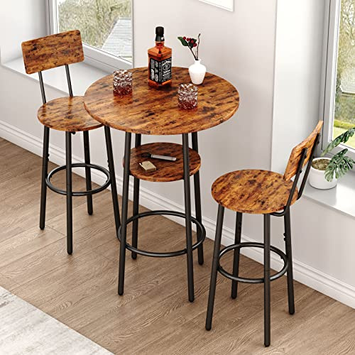 GNIXUU 3 Piece Pub Table Set, 2-Tier Small Round bar Bistro Table and 2 Bar Stools with Backrest Bar Height Table and Chair Dining Set for Kitchen Nook, Apartment, Small Space (3, 24Inch)