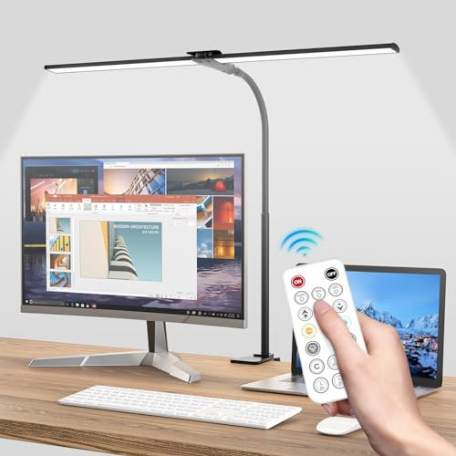 Hensam Schreibtischlampe LED, 1400LM Doppelkopf Schreibtischlampen mit Fernbedienungen, Augenschutz Schwanenhals Tageslichtlampe Klemmbar mit 5 Farbmodi-Helligkeitsstufen für Büro, Zuhause, Schwarz