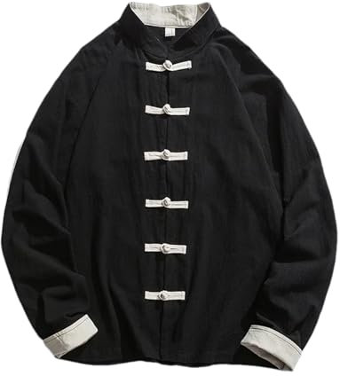 BoShiNuo Kimono Giacca Uomo Tradizionale Cinese In Piedi Camicia Lino Hanfu Top Manica Lunga Tang Suit Kung Fu Abbigliamento, Nero , XL