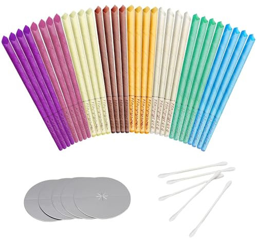 Ohrenkerzen Packung mit 32 Bunte Ohrkerzen Kit 8 Aromatische Düfte, Ohrenkerzen Zur Reinigung Ohrenschmalz Hohlkegel mit Sicherheitsfilter, 16 Schutzscheiben und 32 WattestäBchen