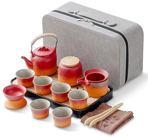 Xnqelerate Juegos de té portátiles, tetera de porcelana china con colador, juego de té de cerámica kungfu chino, bolsa de viaje portátil, juego de té de viaje, regalo, rojo y naranja
