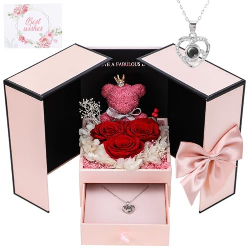 Wikay Coffret Rose Eternelle avec Bijoux, Cadeau d'anniversaire De Rose éTernelle, Cadeau Fleur de Rose Conservée à la Main, Cadeau Femme, pour Anniversaire Maman, Noel, Saint Valentin
