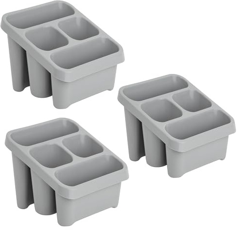 Pluto Packaging Grey Plastic 4 Compartment Caddy Holder | High Grade Sink Tidy Cutlery Drainer Ideal For Kitchens