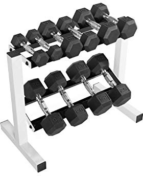 CAP Barbell 150 LB Rubber Hex Dumbbell Set with 2-Tier Rack for Home Gym Strength Training, Chrome Handle, White Rack