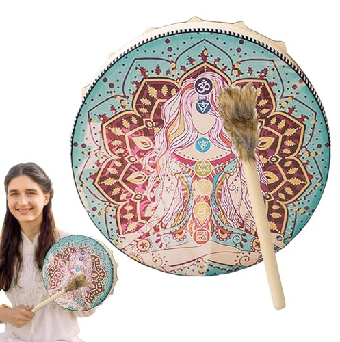 Shamanisk handtrumma, Chaman-handtrumma handtrumma i PU-läder hand hand | runda shamanverktyg, vintage trähammare, inklusive andlig