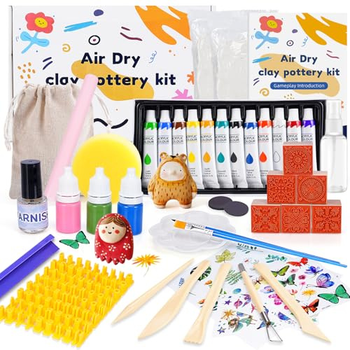Kit Arcilla Secado al Aire,Kit Manualidades Adultos y Niños,El Kit Incluye:Cerámica Secado Al Aire para Adultos,Herramientas,Pinturas,Pinceles,Guía Práctica,Regalos para Amantes de La Artesanía