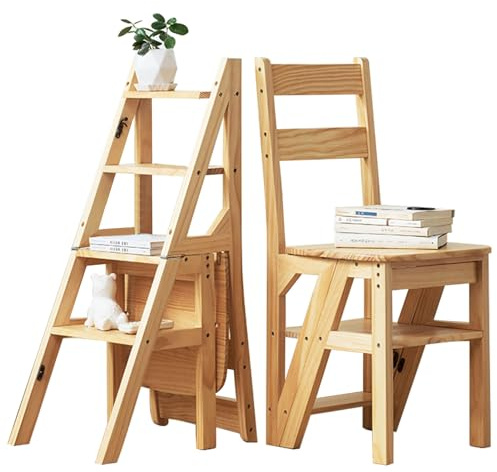 Hopfällbar trästege - 4-stegs bibliotekspall Dubbelfunktionell stege och displayställ för hem, trädgård och kontor (46x35x90cm) - Mångsidig klätter- och blomsterställning