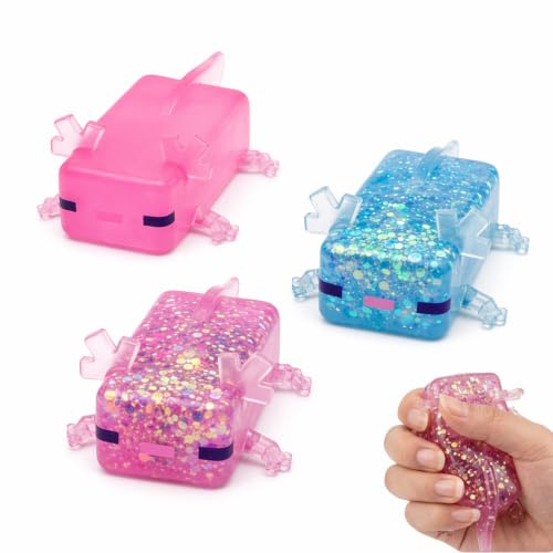 3 PCS Axolotl Squishy, Desk Decorations with Glitter Accents, Solid Pink, Glitter Pink and Glitter Blue Axolotl Collection, Office and Study Focus Support Tool