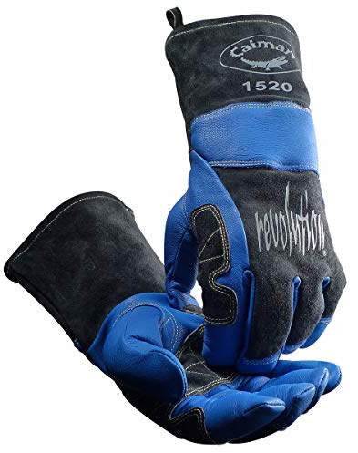Caiman Premium Goat Grain MIG/Stick Welding Gloves, Wool Lining, Kontour Design, Kontour Thumb and Wrist, Kevlar, Blue/Black, Large (1520)