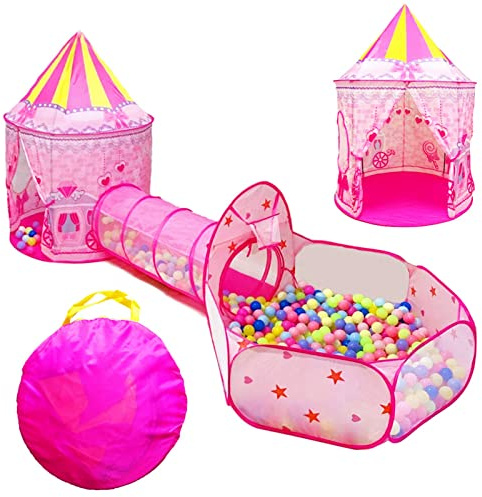 LOJETON 3pc Princess Fairy Tale Kids Play Tent, Oval Crawl Tunnel, Ball Pit for Toddlers, Indoor Outdoor Playhouse Castle Toys, Baby Boys Girls for 3 4 5 6 7 Years Old (Balls Not Included)