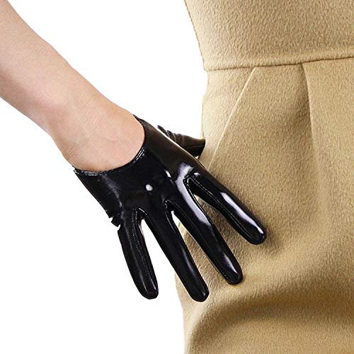 DooWay Modische kurze Lederhandschuhe für Damen, Kostüm, Wet-Look, Kunstlack-PU-Handschuhe, Schwarz glänzend, Medium