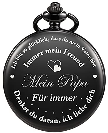 TREEWETO Graverat herrfickur för pappa gåva, vintage fickur med kedja för män, födelsedagspresent, present till årsdagen, present till fars dag pappa, svart,