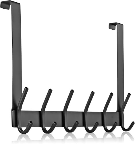 MEIJO Porte Manteau Pour Porte, Crochet De Porte Avec 6 Crochets, SUS304 Acier Inoxydable, Pour Chambre à Coucher Salle De Bains Porte De Cuisine (Noir, épaisseur 2,1 cm)