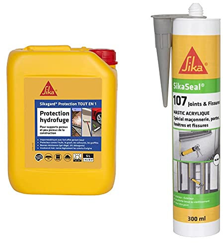 Sikagard Protection Tout en 1, Protection hydrofuge façade, toiture et sol pour matériaux poreux et peu poreux, 5L & 107 Joint et Fissures Gris, Mastic acrylique professionnel multi support, 300ml