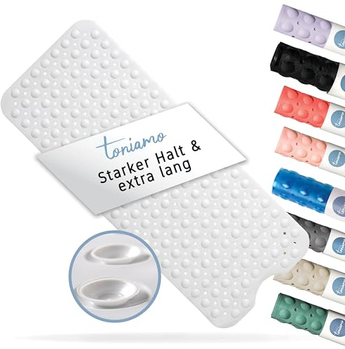 Toniamo Badkarsmatta, halkfri, 100 x 40 cm, extra lång badmatta, halkfri | halkfri matta, badkar utan BPA | Badkarsmatta, antibakteriell och maskinsäker, halkfri matta | vit