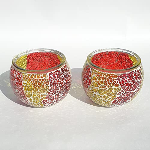 Mosaic Glass Candle Holder Vintage Jar Tealight Holders, Home Decoration with upto 8 Hour Burn Tea Light Candles (Red & Yellow Twin)