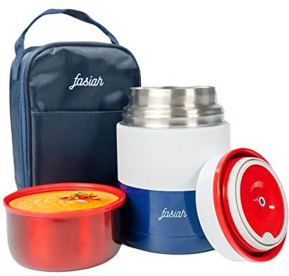 FASIAH Thermos alimentare in acciaio inox, scatole termiche calde da 750 ml, pranzo box senza BPA, tazza, borsa da viaggio per pasti caldi, caffè, zuppa da asporto (blu, bianco, rosso)…