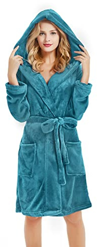 U2SKIIN Women Hooded Fleece Robe, Short Plush Robes for Womens With Hood Soft Warm Spa Bathrobe(Blue Green, L/XL)