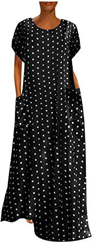 Sommerkleid Damen Lang Maxikleid Große Größen Lässig Kurzarm Elegant Leichte Langes Freizeitkleider Loose Casual Rundhals Kleider Strandkleid Drucken Vintage Sommer Blusenkleid Sommerkleider