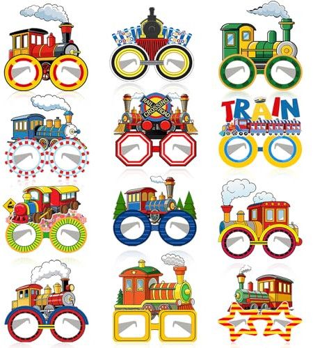 Lcnjscgo 24 PCS Train Party Paper Eyeglasses Train Party Favors Decorations Supplies Train Birthday Party Decorations Gifts Photo Booth Props for Kids