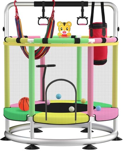 440lbs Blinworld Kindertrampolin mit Netz – 140 cm Mini-Trampolin für Kinder, 100 kg Belastung, Indoor Outdoor Trampolin mit Turnstange, Boxsack und Spielzeug