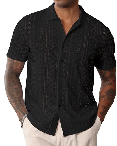 Camisa de manga corta para hombre, con cuello cubano, con botones, informal, para verano, playa, Negro, L