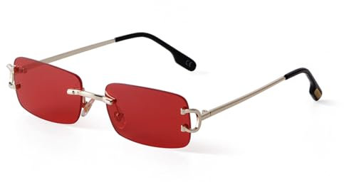 ADEWU Gafas de sol retro vintage gafas sin bordes protección UV estrechas rectangulares gafas de sol hombre mujer unisex, Dorado-rojo