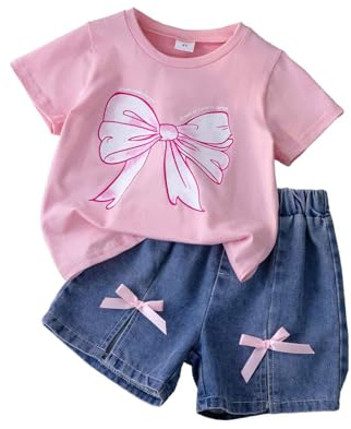 Moda festiva niños verano niño niña manga corta bowknot estampados camiseta tops pantalones vaqueros pantalones cortos trajes mono, Rosa., 2-3 años