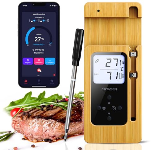 AIRMSEN Termómetro de Carne Inalámbrico con Pantalla LCD, Impermeable IPX8, Termómetro de Barbacoa Bluetooth con Alcance de 150m, Control por App, Mango de Cerámica, para Parrilla, Horno y BBQ