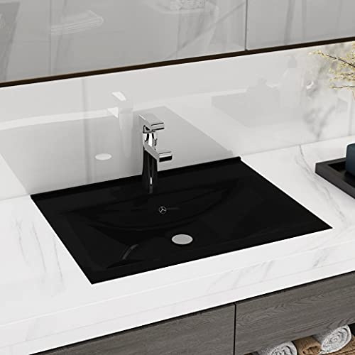 Lavabo de Cerámica Negro Mate, con Orificio para Grifería, Diseño Rectangular Moderno, para Baño, Aseo o Tocador, Instalación Empotrada o Pared, 60x46x16 cm