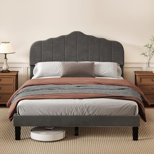 Levede Double Bed Frame with Headboard, Upholstered Platform Bed, Sturdy Wooden Slat Support, Easy Assembly, No Box Spring Needed, Dark Grey, 135x190cm
