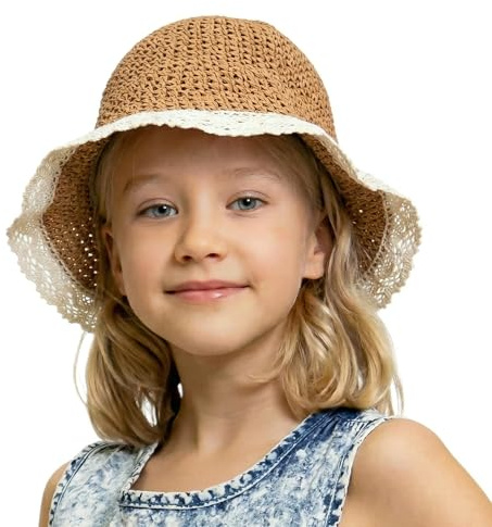 Zidoley Sombrero de paja para niños y niñas, sombrero de verano para niños con encaje y ala ancha, ajustable con cinta, sombrero de playa plegable con agujero trenzado, marrón, Talla única