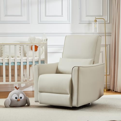 CuteHairy Swivel Rocking Recliner Chair, Manual Faux Leather Glider with High Backrest & Lumbar Support, 360° Rotation Nursing Chair for Living Room, Nursery, Bedroom, White